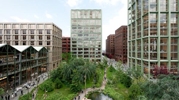 Das Immobilienunternehmen Coros plant das neue Quartier am Humboldthain als Gewerbestandort von Wissenschaft und Wirtschaft mit einem Park und Teich.