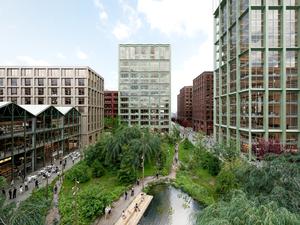 Das Immobilienunternehmen Coros plant das neue Quartier am Humboldthain als Gewerbestandort von Wissenschaft und Wirtschaft mit einem Park und Teich.