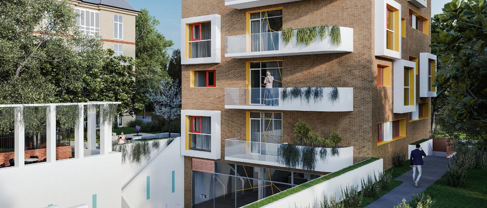 Visualisierung des Punkthauses, das hinter dem Haus am Lützowplatz gebaut werden soll.