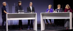 Alexander Sascha Wolf (l-r), Lorenz Maroldt, Peter Schenk, Manja Schreiner, Engelbert Lütke Daldrup und Angeliki Krisilion (IBB) beim Neustart Berlin.
Foto: Jörg Carstensen / FUNKE Foto Services