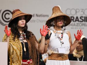 Frauen demonstrieren beim Weltklimagipfel im brasilianischen Belém.