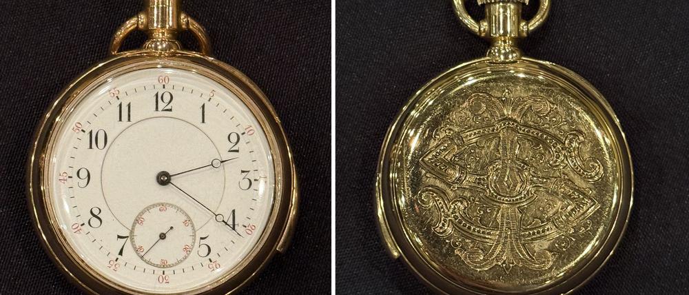 Eine goldene Titanic-Taschenuhr wurde für den Rekordpreis von mehr als 2 Millionen Euro versteigert. (Handout)