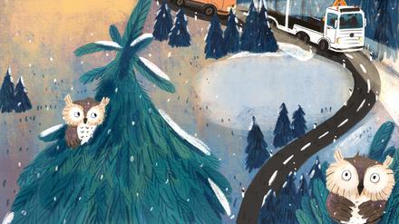 Seite aus dem Buch „Warum Weihnachtswunder manchmal ganz klein sind“ von Erhard Dietl und Andrea Stegmaier. Zu sehen ist eine kleine Eule in auf einer Tanne vor winterlichem Hintergrund.