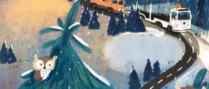 Seite aus dem Buch „Warum Weihnachtswunder manchmal ganz klein sind“ von Erhard Dietl und Andrea Stegmaier. Zu sehen ist eine kleine Eule in auf einer Tanne vor winterlichem Hintergrund.