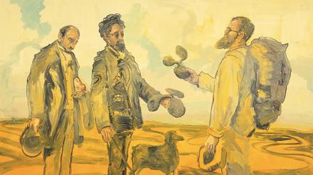 Anton Henning ist Teil einer großen Familie, balanciert chamäleonhaft entlang der ausufernden Verwandtschaften von Picasso bis zum Bauhaus. In „La Rencontre No. 4“ von 2004 trifft er auf Gustave Courbets bärtigen Wanderer.