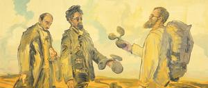 Anton Henning ist Teil einer großen Familie, balanciert chamäleonhaft entlang der ausufernden Verwandtschaften von Picasso bis zum Bauhaus. In „La Rencontre No. 4“ von 2004 trifft er auf Gustave Courbets bärtigen Wanderer.