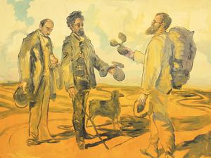 Anton Henning ist Teil einer großen Familie, balanciert chamäleonhaft entlang der ausufernden Verwandtschaften von Picasso bis zum Bauhaus. In „La Rencontre No. 4“ von 2004 trifft er auf Gustave Courbets bärtigen Wanderer.