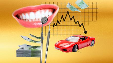 Ein Mund, ein Ferrari und ein Bündel Geldscheine.