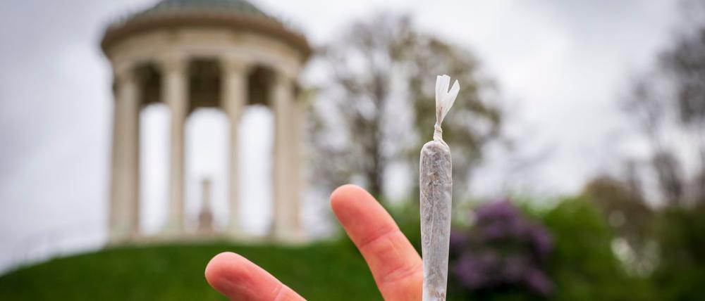 Ein Mann hält einen Joint vor der Kulisse des Monopteros im Englischen Garten und zeigt dabei das Peace-Zeichen. 