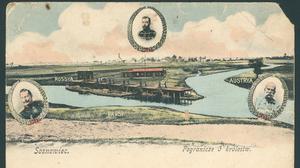 Eine alte gemalte Landschaftsansicht der sogenannten Dreikaiserreichsecke mit den drei Porträts der Kaiser Deutschlands, Österreichs und Russlands.