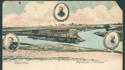 Eine alte gemalte Landschaftsansicht der sogenannten Dreikaiserreichsecke mit den drei Porträts der Kaiser Deutschlands, Österreichs und Russlands.