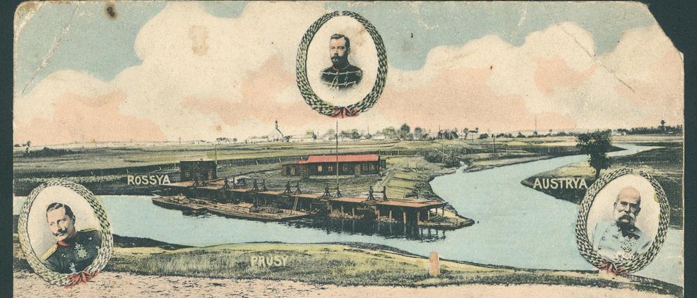 Eine alte gemalte Landschaftsansicht der sogenannten Dreikaiserreichsecke mit den drei Porträts der Kaiser Deutschlands, Österreichs und Russlands.