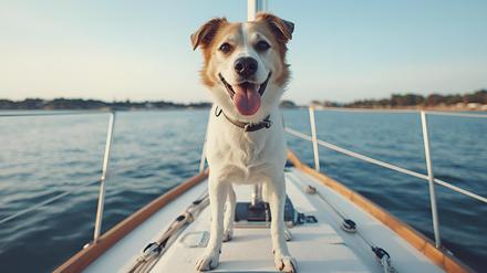Ein Hund steht auf einem Boot.
