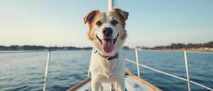 Ein Hund steht auf einem Boot.