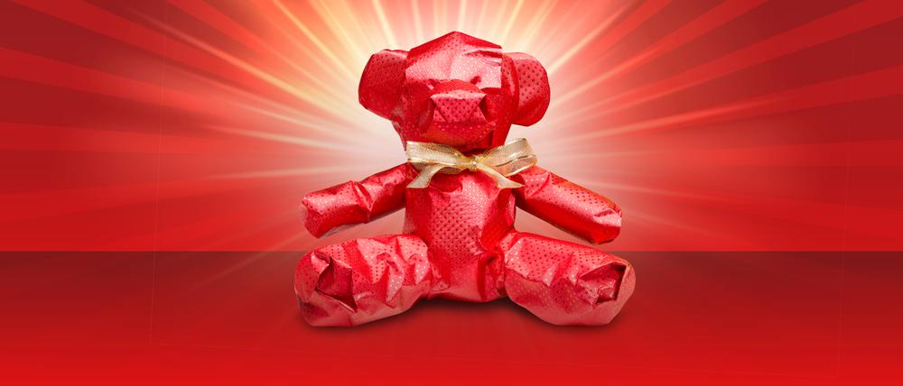 Verschiedene Motive (Teddybär, Schuh, Tasse) zum Thema "Geschenke-Guide".