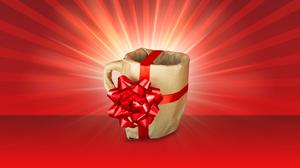 Eine verpackte Tasse mit einer roten Schleife.