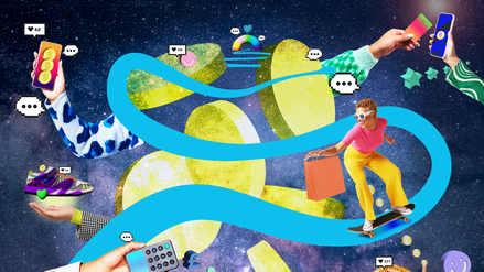 Eine Frau surft durchs Weltall.