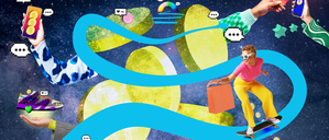 Eine Frau surft durchs Weltall.