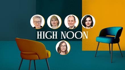 Die Speaker Stefanie Babst, Cindy Wittke-Hohlfeld, Patrick Keller, Maria Kotsev (im Bild oben von links nach rechts) und Anja Wehler-Schöck als Moderatorin (im Bild unten).