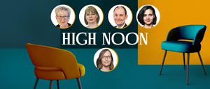 Die Speaker Stefanie Babst, Cindy Wittke-Hohlfeld, Patrick Keller, Maria Kotsev (im Bild oben von links nach rechts) und Anja Wehler-Schöck als Moderatorin (im Bild unten).