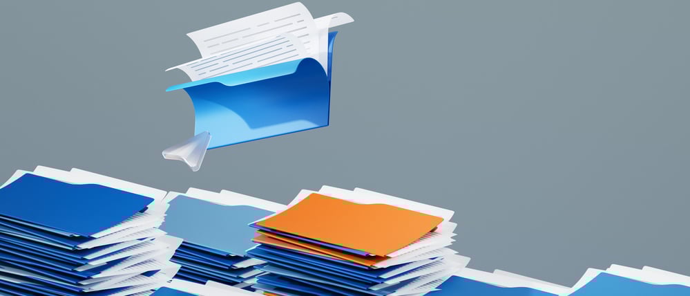 Eine 3D Illustration von verschiedenen Aktenfoldern als Symbolbild für Bürokratie.