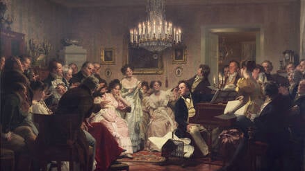 Rückzug ins Biedermeier-Zeitalter: Franz Schubert gibt in Wien ein Hauskonzert. Gemälde von Julius Schmid (1897).  