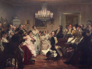 Rückzug ins Biedermeier-Zeitalter: Franz Schubert gibt in Wien ein Hauskonzert. Gemälde von Julius Schmid (1897).  