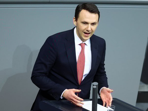 Member of parliament from Christian Democratic Union (CDU) Pascal Reddig speaks during a session of the lower house of parliament, the Bundestag, on the day of a vote on a contentious pensions package, in Berlin, Germany, December 5, 2025.   REUTERS/Lisi Niesner