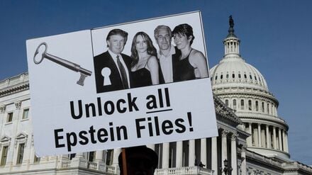 Demonstranten halten Schilder während einer Pressekonferenz zum Epstein Files Transparency Act vor dem U.S. Capitol in Washington (Symbolbild).