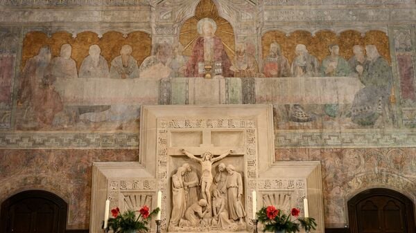 Die Wandmalerei wurde nach den Zweiten Weltkrieg übermalt.