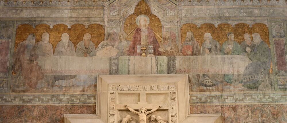 Die Wandmalerei wurde nach den Zweiten Weltkrieg übermalt.