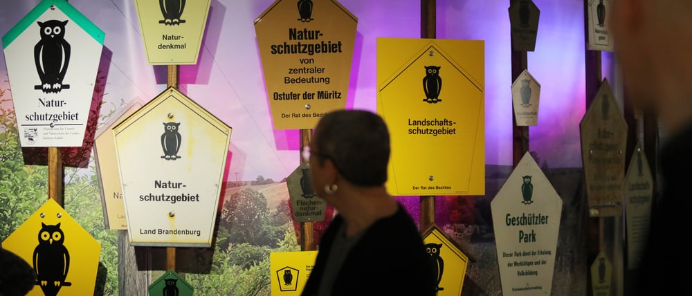 Eine Person läuft vor Schildern mit dem typischen Eulen-Symbol in der Sonderausstellung im Naturkundemuseum Potsdam.