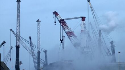 Im Überseehafen an der Ostsee steigt am Morgen Dampf aus Anlagen am Getreideterminal auf, im Hintergrund stehen neue mobile Hafenkräne des Kranwerks Liebherr-MCCtec Rostock.