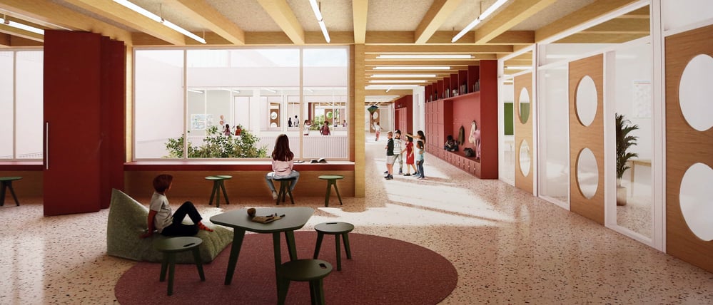 So könnte laut dem Siegerentwurf die neue Mensa aussehen, die die Weidenhof-Grundschule mit dem Bürgerhaus am Schlaatz verbindet.