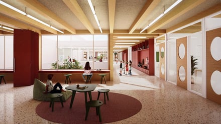 So könnte laut dem Siegerentwurf die neue Mensa aussehen, die die Weidenhof-Grundschule mit dem Bürgerhaus am Schlaatz verbindet.