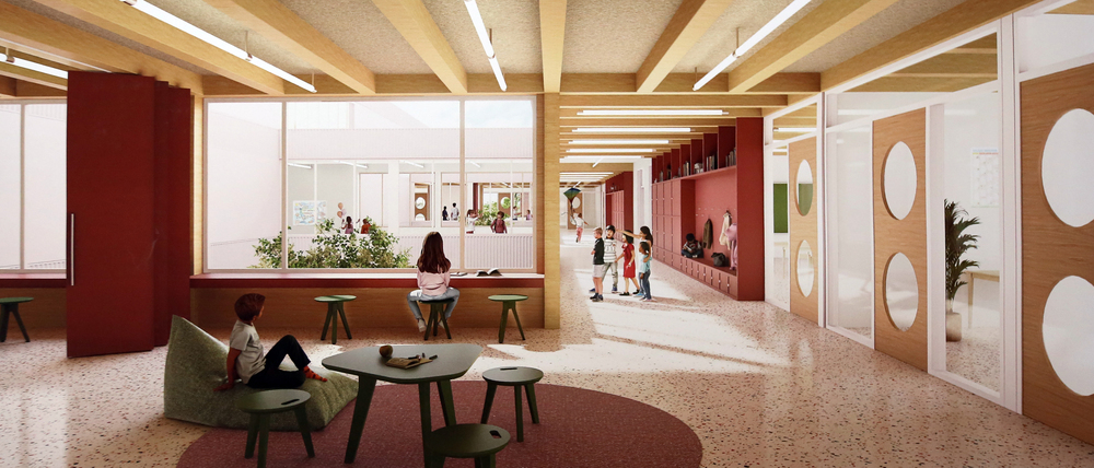 So könnte laut dem Siegerentwurf die neue Mensa aussehen, die die Weidenhof-Grundschule mit dem Bürgerhaus am Schlaatz verbindet.