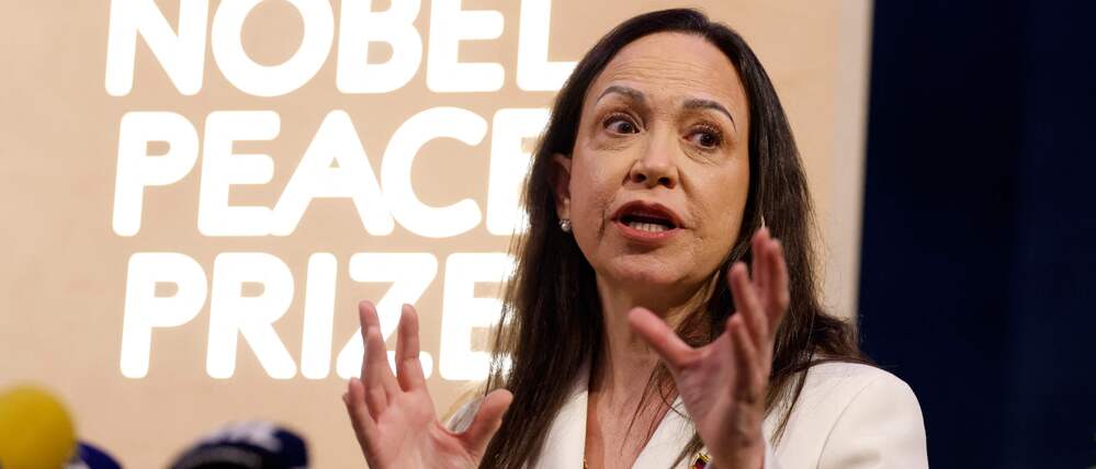 Die venezolanische Friedensnobelpreisträgerin María Corina Machado bei einer Konferenz in Oslo.