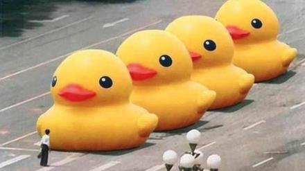 Parodie eines berühmten Protestbildes vom Tiananmen-Platz in China, 1989. Die Panzer der Regierung wurden gegen Bade-Enten ausgetauscht.