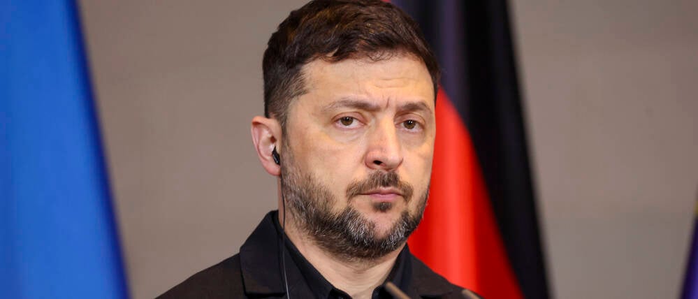 Präsident Wolodymyr Selenskyi bei der Pressekonferenz zu Ukraine-Friedensverhandlungen im Bundeskanzleramt am 15.12.25 in Berlin.