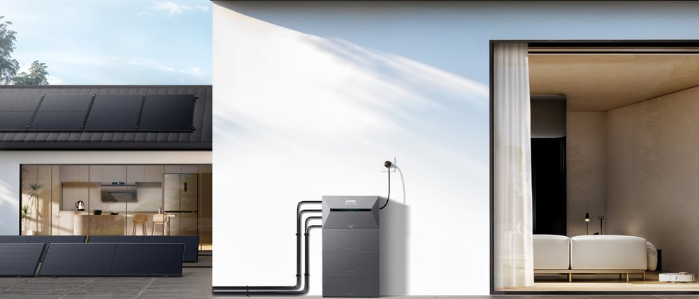 So sieht ein fertig aufgestelltes System mit Solarbank von Anker SOLIX in der Praxis aus.