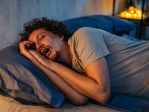 Ein mittelalter Mann schläft mit offenem Mund.