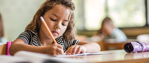 Ein Kind sitzt mit einem Stift in der Hand an einem Schultisch.