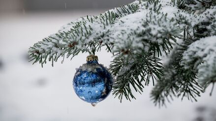 Bayern, Warmensteinach: An einem Nadelbaum hängt blauer Weihnachtsbaumschmuck. Die Wetterprognose für die Festtage ist noch unsicher.