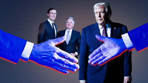 Zwei Hände sind bereit zum Handschlag, im Hintergrund Donald Trump (rechts), sowie Jared Kushner (links) und Steve Witkoff. (Illustration).