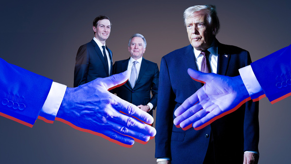 Zwei Hände sind bereit zum Handschlag, im Hintergrund Donald Trump (rechts), sowie Jared Kushner (links) und Steve Witkoff. (Illustration).