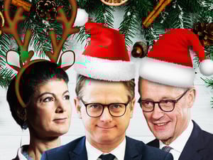 Politiker zu Weihnachten: Wagenknecht, Linnemann und März (Montage).