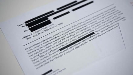 This photo illustration taken in Washington, DC, on December 23, 2025 shows part of a new batch of files released on Tuesday by the US government in relation to the notorious late sex offender Jeffrey Epstein containing numerous references to Donald Trump, including documents detailing flights he took on his then close friend's private jet. Epstein cultivated a wide circle of powerful friends, including Trump, and was alleged to have run an underage sex trafficking ring before his 2019 death in jail. Trump, who is not accused of any wrongdoing, fought for months to prevent the release of the vast trove of documents collected during years of investigations into the disgraced financier. (Photo by AFP)