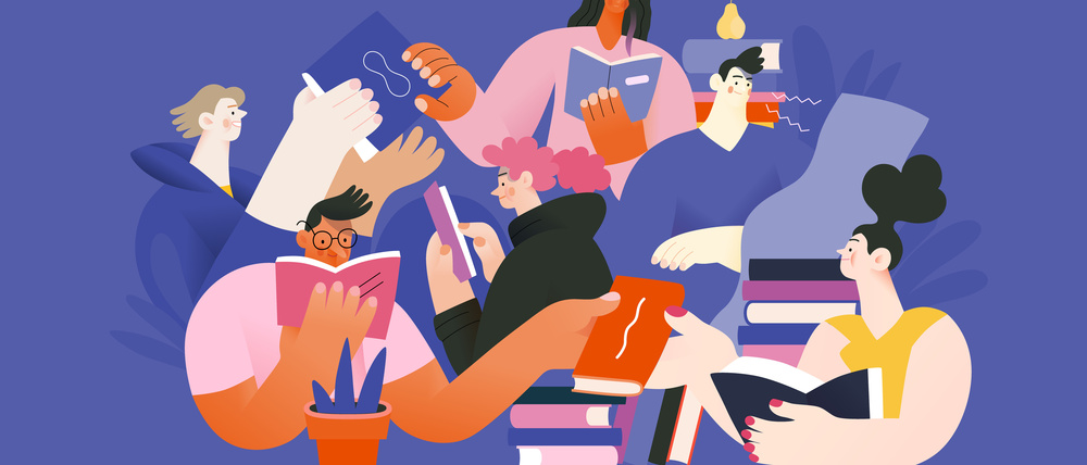 Illustration von Menschen, die Bücher lesen.