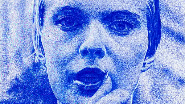 Jean Seberg im Kultfilm „Außer Atem“, von Jub Mönster mit Kugelschreiber ins Medium der Malerei übertragen.