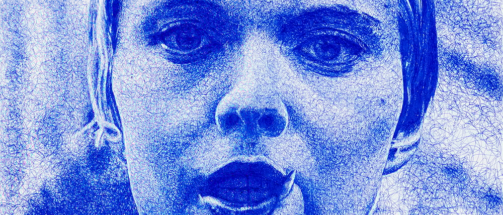 Jean Seberg im Kultfilm „Außer Atem“, von Jub Mönster mit Kugelschreiber ins Medium der Malerei übertragen.